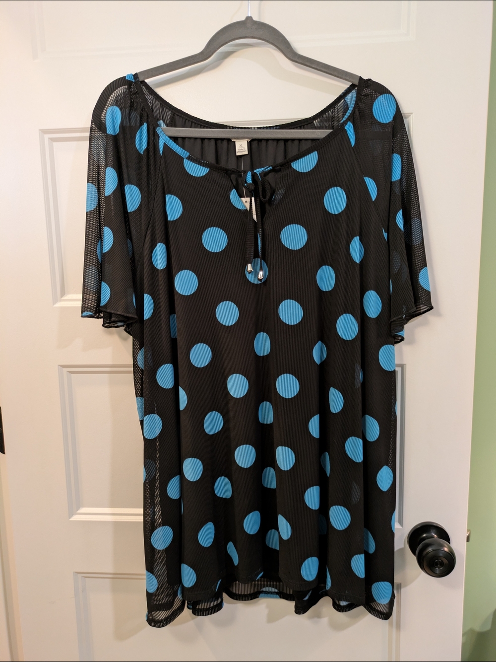 New with tags! Cato Black Sheer Tunic with Bright Blue Polka Dots